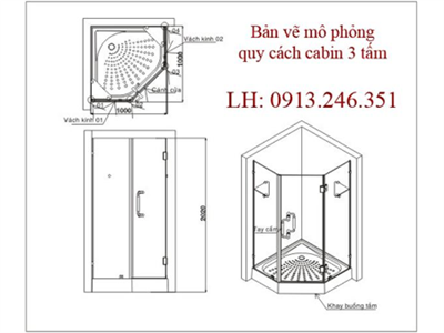 Bản vẽ mô phỏng cabin tắm kính 3 tấm